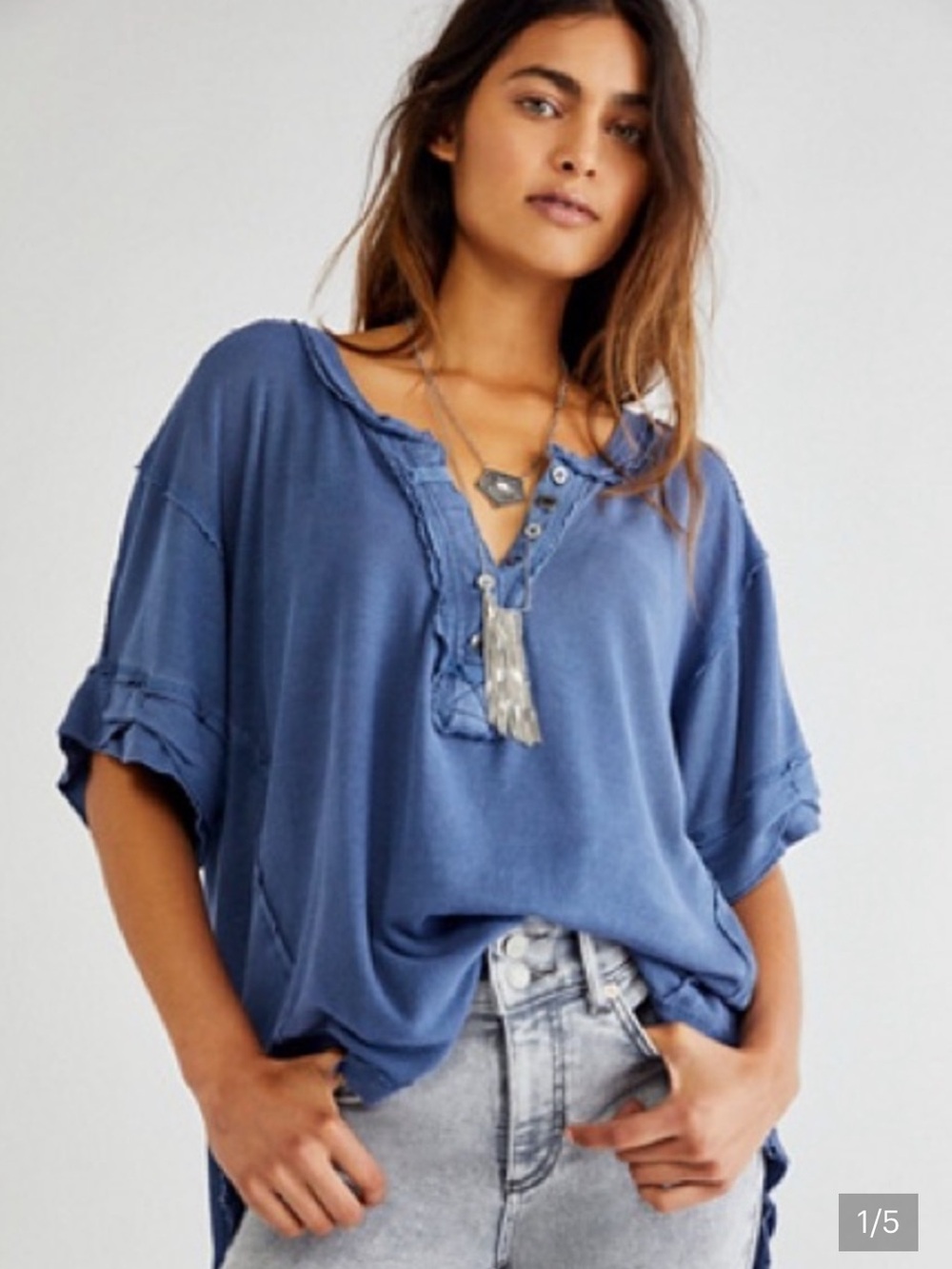 Free People Heritage Henley Size XS Oversized Top Blue